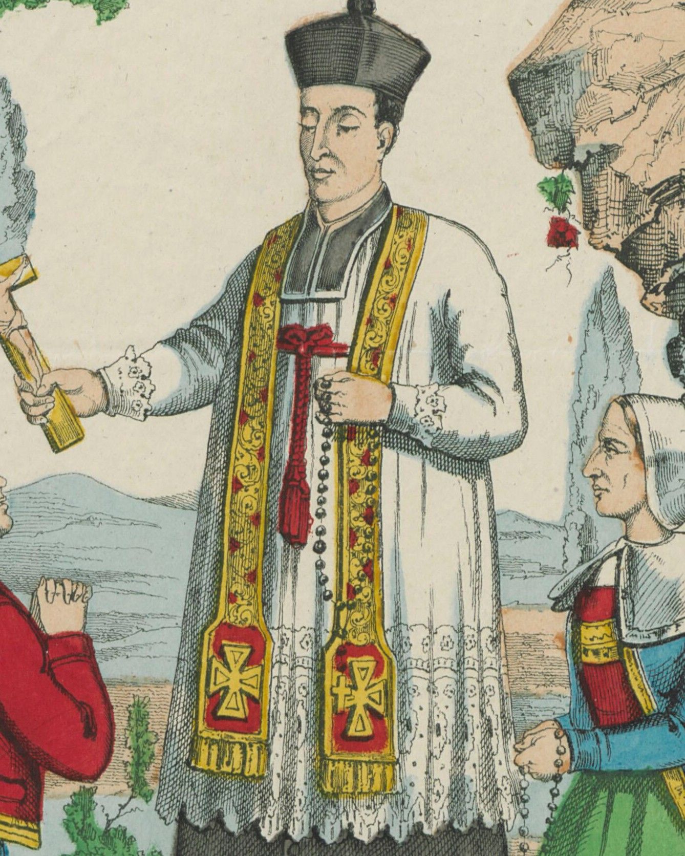 Louis de Montfort in a black biretta, white surplice, and embroidered stole, a rosary in his hand. Detail of a hand-colored nineteenth-century print.
